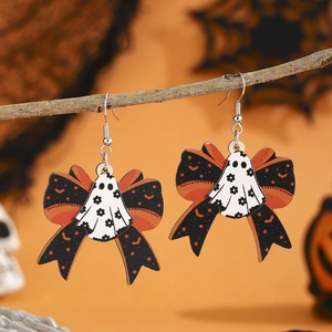 Ghost earrings with black and orange bows on branches, Halloween wooden jewelry