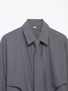 Detail of dark grey poplin short shirt collar with matching tie and size S label