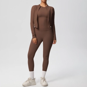Women's 3-piece coffee brown yoga set with zip jacket, top, and high-waisted leggings