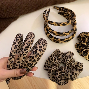 5-piece vintage leopard print hair accessories set including headband and scrunchies