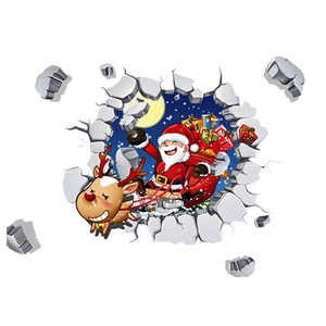 3D Christmas wall sticker featuring Santa Claus and reindeer bursting through a white wall
