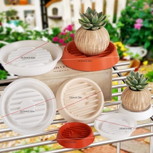 Detailed view of round resin drainage trays in various sizes and earth tone colors