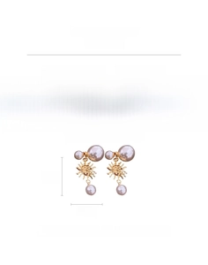 Detail view of 18k gold plated sunburst pearl earrings showing 4.3cm height dimensions