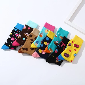 Mid-calf cotton socks featuring colorful dessert patterns including donuts and ice cream