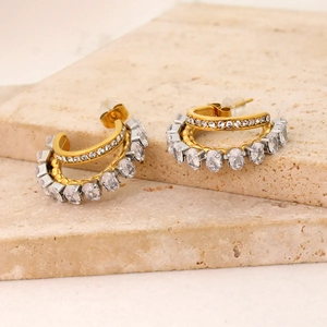 Elegant C-shaped stainless steel earrings with dual-layer sparkling zircon stones