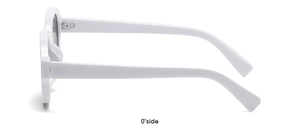Side view detail of white oval frame sunglasses showing the sleek temple design and texture