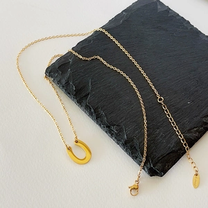 Macro shot of gold U-shaped horseshoe pendant with S.Steel engraving on link chain