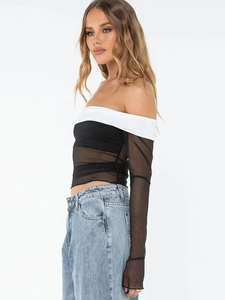 Off-shoulder long sleeve crop top with black mesh sleeves and black white color block design