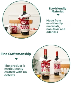 Close-up of knitted Christmas wine bottle covers with snowflakes and faux fur trim