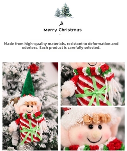 Detailed view of handmade Christmas elf ornament with knit collar and striped body