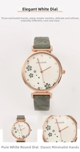 Detail of rose gold watch with clover dial and dark green textured leather strap