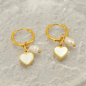 Fashionable gold hoop earrings with heart-shaped shell and pearl charms for women