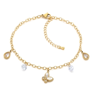 Gold stainless steel anklet with butterfly and teardrop rhinestone charms for beach style