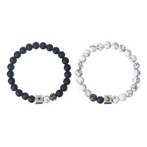 Luminous sun and moon couple beaded bracelets set with frosted black and white stone