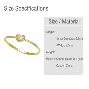 Dettaglio del bracciale a cuore placcato oro 18K con pavé di zirconi e dimensioni incluse