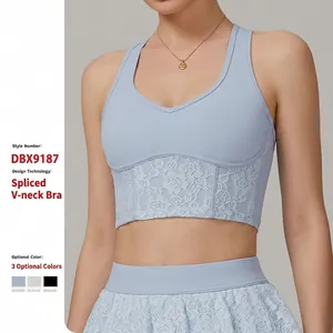 Women's Lace Yoga Vest Nude Feel Breathable Mesh Sports Bra For Running Fitness Top With Removable Pads Racerback Nylon Spandex