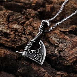 Viking Axe Pendant Necklace Stainless Steel Valknut Symbol Retro Hip Hop Punk Style Accessory For Men