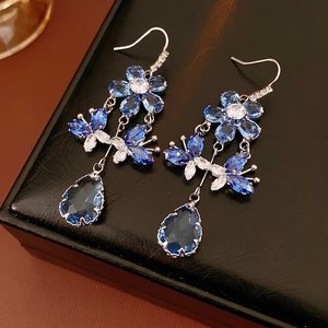 Vintage Court Style Flower Butterfly Blue Waterdrop Cubic Zirconia Copper Long Drop Earrings For Women Fashion Jewelry