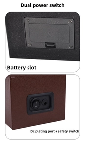 Detail of automatic watch winder showing CE-certified battery compartment and DC power port