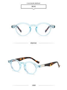 Detail view of blue round sunglasses with tortoiseshell temples and metal hinges
