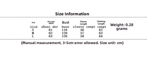 Detailed size chart showing measurements for striped knit sweater in S M L