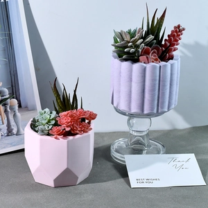 Detailed view of geometric succulent planters made from faceted silicone molds
