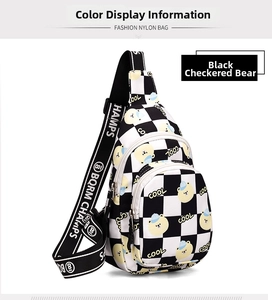 Detailed close-up of a nylon chest bag featuring checkerboard patterns and bear motifs