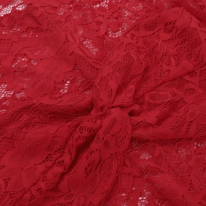 Detailed macro shot of red floral lace fabric with intricate mesh patterns and textures