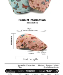 Size chart for jacquard beret hat showing dimensions, adjustable fit, and material specs