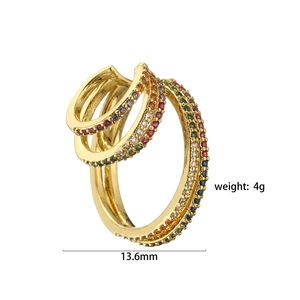 Detail of multi-layer gold ear cuff with colorful zircons and size measurements