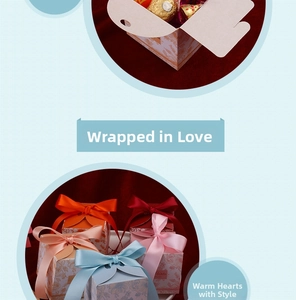 Close-up of floral wedding candy boxes with satin ribbons and golden foil stamping