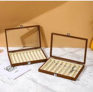 Walnut wood jewelry box with glass lid and 10 compartments for rings and necklaces