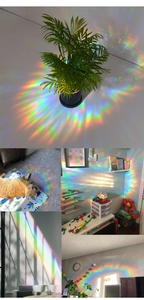 Collage of rainbow light suncatcher stickers creating colorful prism reflections in a home