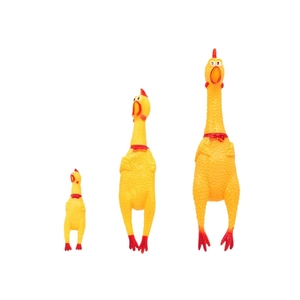 Three yellow rubber screaming chicken toys in different sizes on a white background