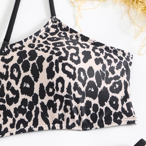 Detailed close-up of leopard print bikini fabric with premium stitching and black straps
