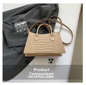 Detail der beigen Handtasche mit Krokodilprägung, Griffen, Gurt und Smartphone-Größenvergleich