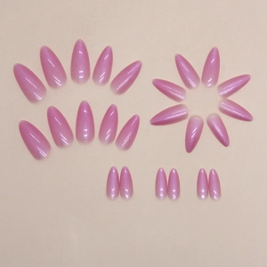 Set of 24 pink purple cat eye press-on nails in long almond shape with shimmer