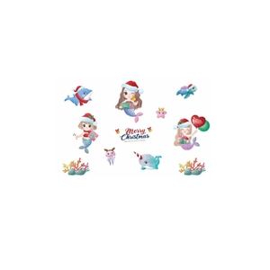 Christmas mermaid wall sticker set with watercolor ocean creatures and Merry Christmas text