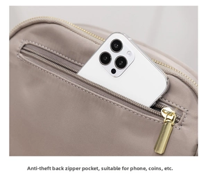 Close-up of khaki oxford crossbody bag featuring a secure anti-theft back zipper pocket