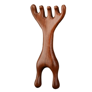 Natural sandalwood five-tooth scalp massage comb with ergonomic grip and wood grain