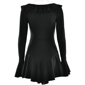 Detail view of black V-neck mini dress showing ruffled collar and flared sleeve cuffs