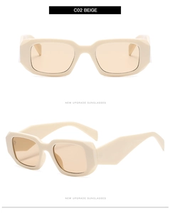 Detail view of thick beige rectangular sunglasses showing front and side profile quality