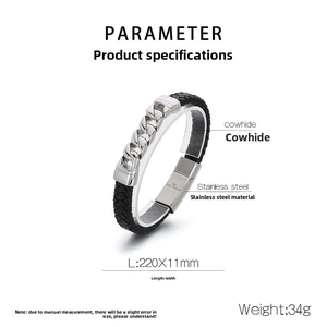 Detailed close-up of men's leather bracelet with stainless steel chain and magnetic clasp