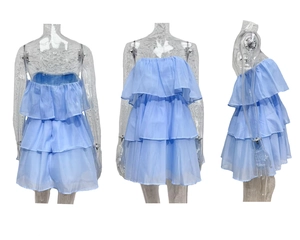 Three views showing back, front and side of the blue tube top layered tiered mini dress