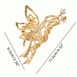 Golden hollow butterfly shark clip with white pearls, size 11.5cm for thick hair