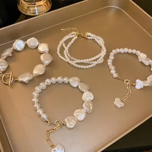 Elegant Artificial Pearl Bracelet For Women Alloy Heart Butterfly Pendant Multi-layer Crystal Vintage French Style Jewelry