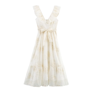 Robe Maxi Femme Élégante Française à Volants Col en V Paillettes Rétro Sans Manches Nœud à la Taille Broderie en Maille Fête