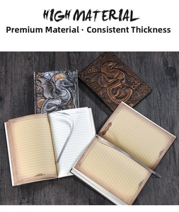 Detail of vintage embossed dragon notebooks with metallic silver and bronze cover textures
