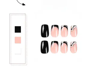 Detailed view of black and nude French tip press-on nails with silver glitter accents