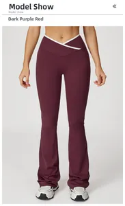 Detail der dunkelvioletten Schlag-Yogahose mit weißem V-Kreuz-Hochbund-Design